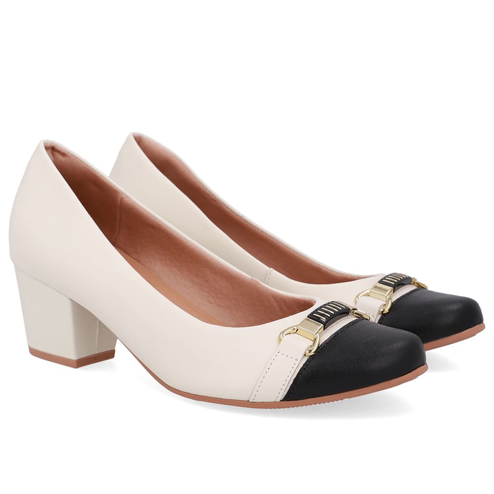 Scarpin Couro Branco Marfim Preto Salto Bloco Marfim/Preto 2