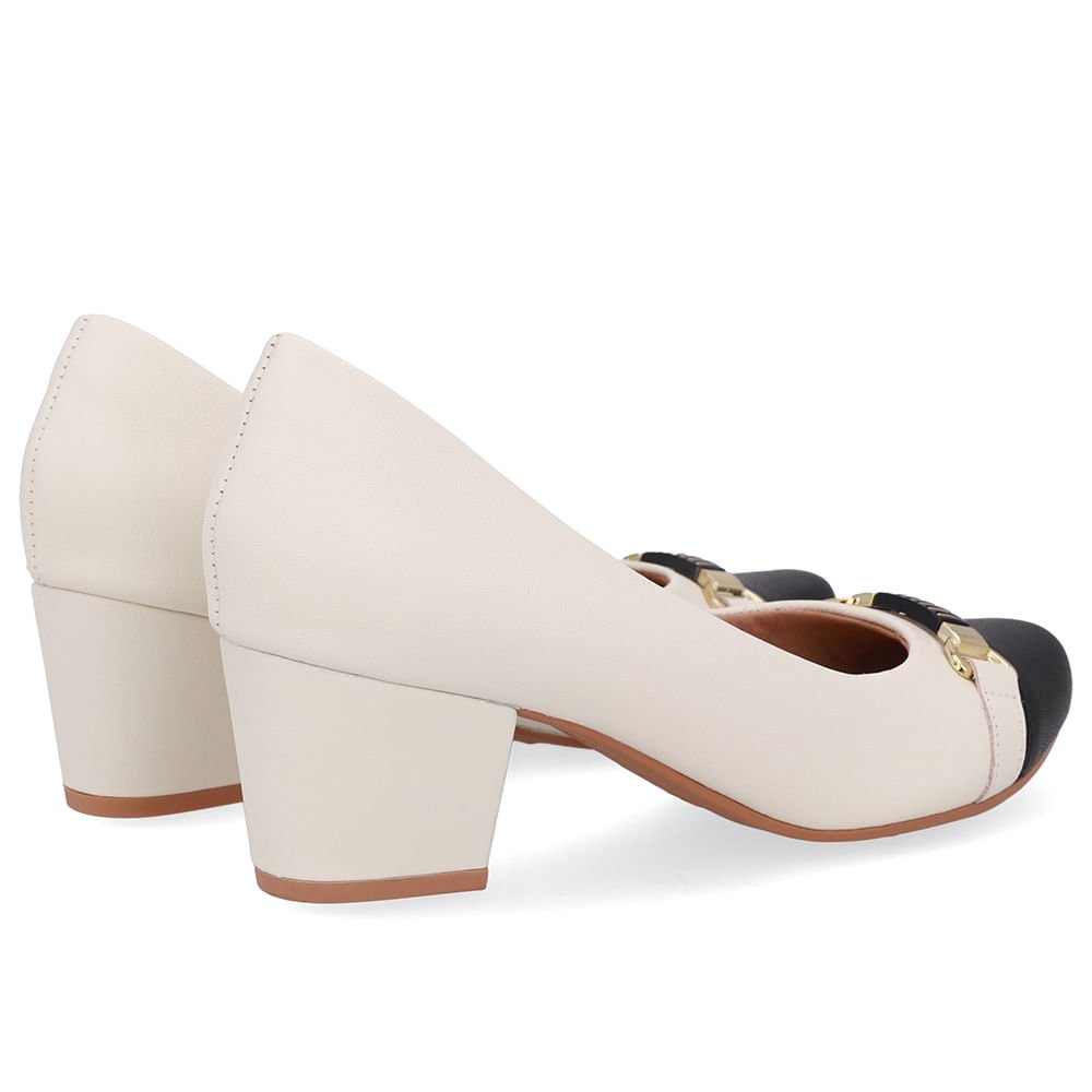 Scarpin Couro Branco Marfim Preto Salto Bloco Marfim/Preto 3