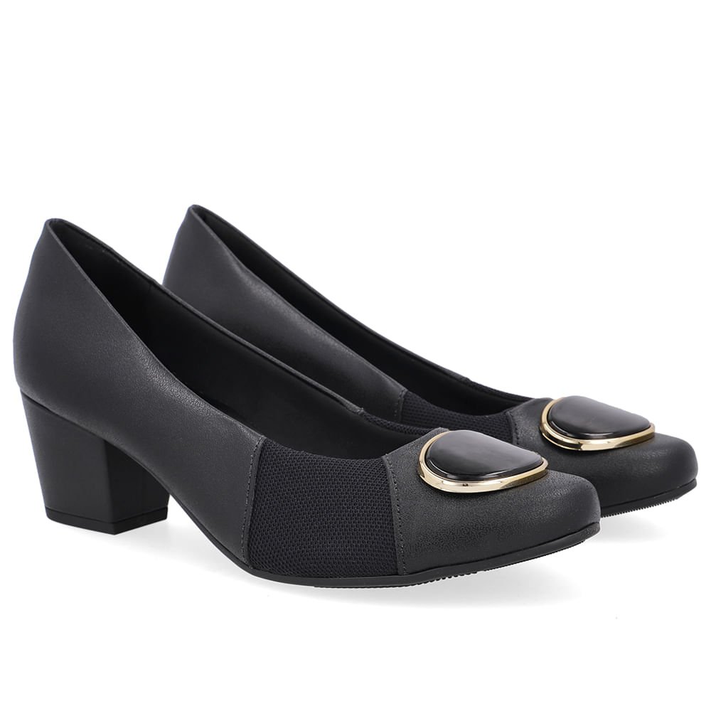 Scarpin Couro Preto Lateral Tecido Preto 2