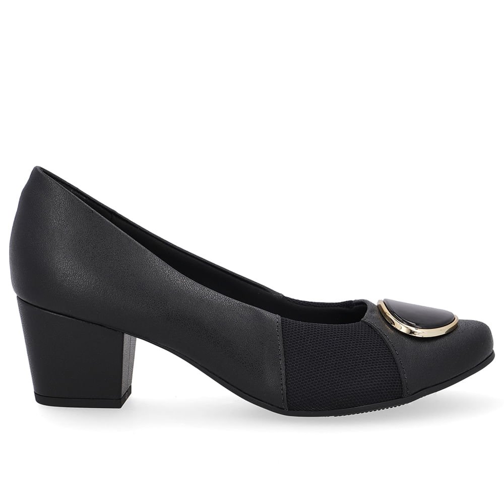 Scarpin Couro Preto Lateral Tecido