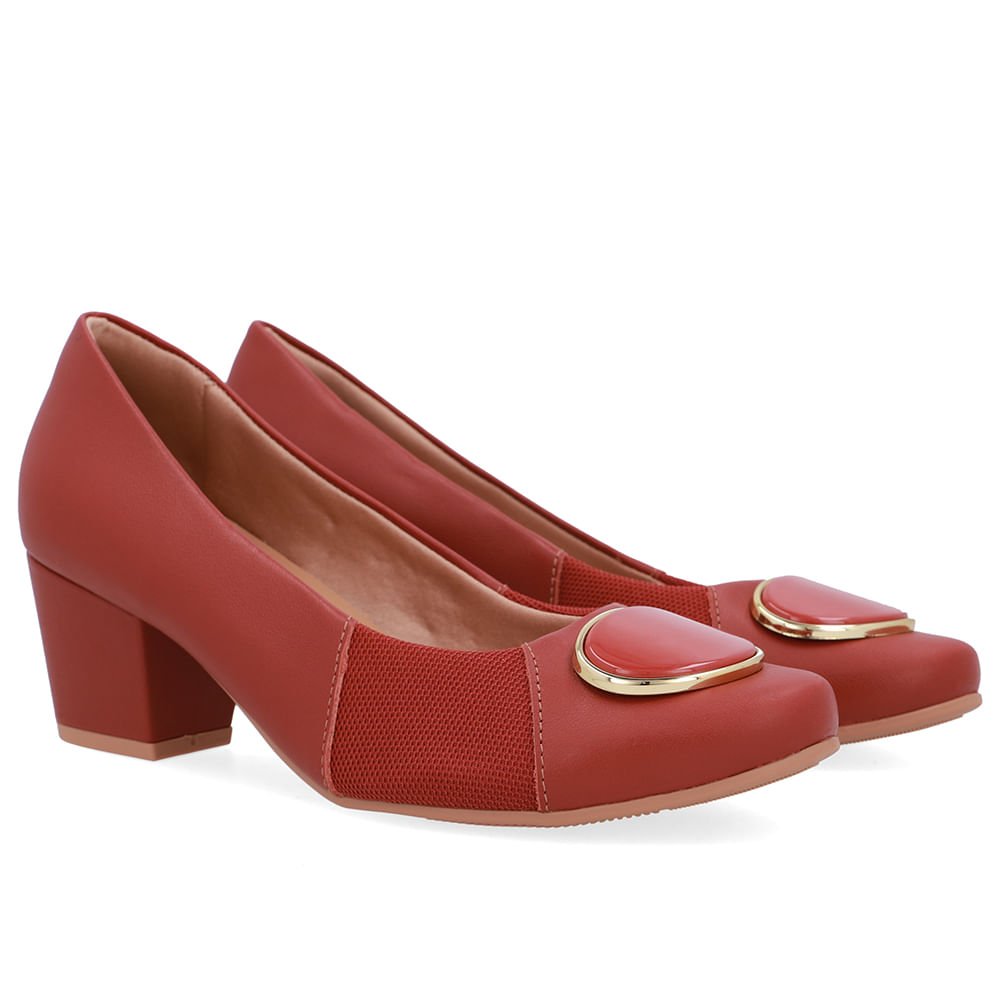 Scarpin Couro Marrom Lateral Tecido Vermelho 2