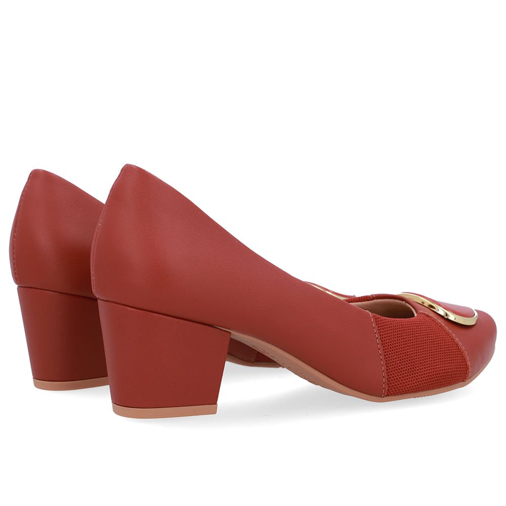 Scarpin Couro Marrom Lateral Tecido Vermelho 3