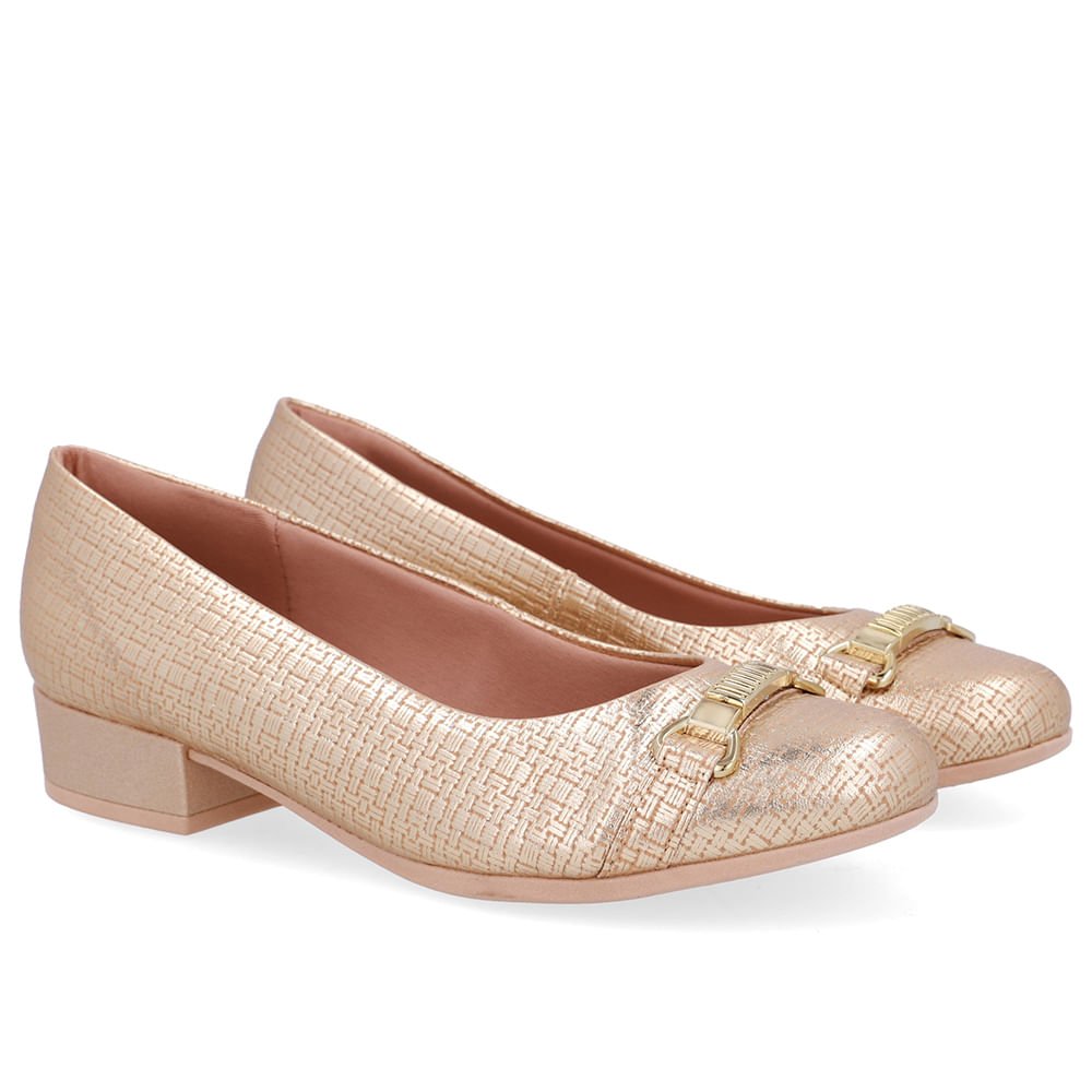 Scarpin Couro Texturizado Dourado Salto Bloco Dourado 2