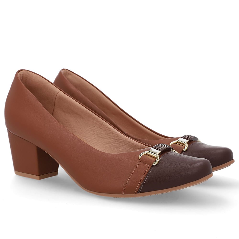 Scarpin Couro Marrom Salto Bloco Marrom 2