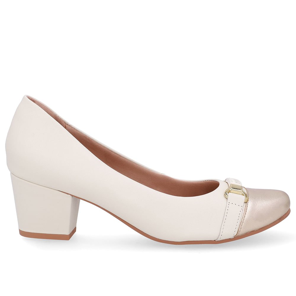 Scarpin Couro Branco Marfim Dourado Salto Bloco
