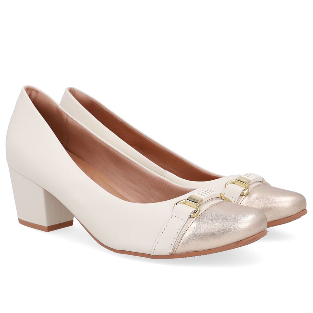 Scarpin Couro Branco Marfim Dourado Salto Bloco Marfim/Dourado 2