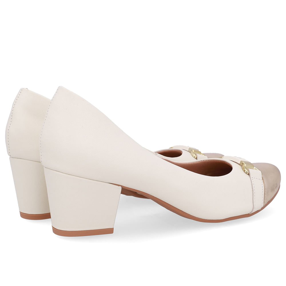 Scarpin Couro Branco Marfim Dourado Salto Bloco Marfim/Dourado 3