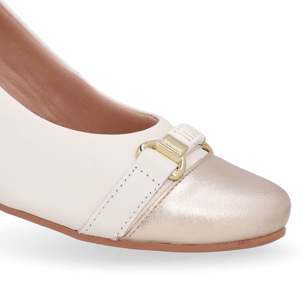 Scarpin Couro Branco Marfim Dourado Salto Bloco Marfim/Dourado 4