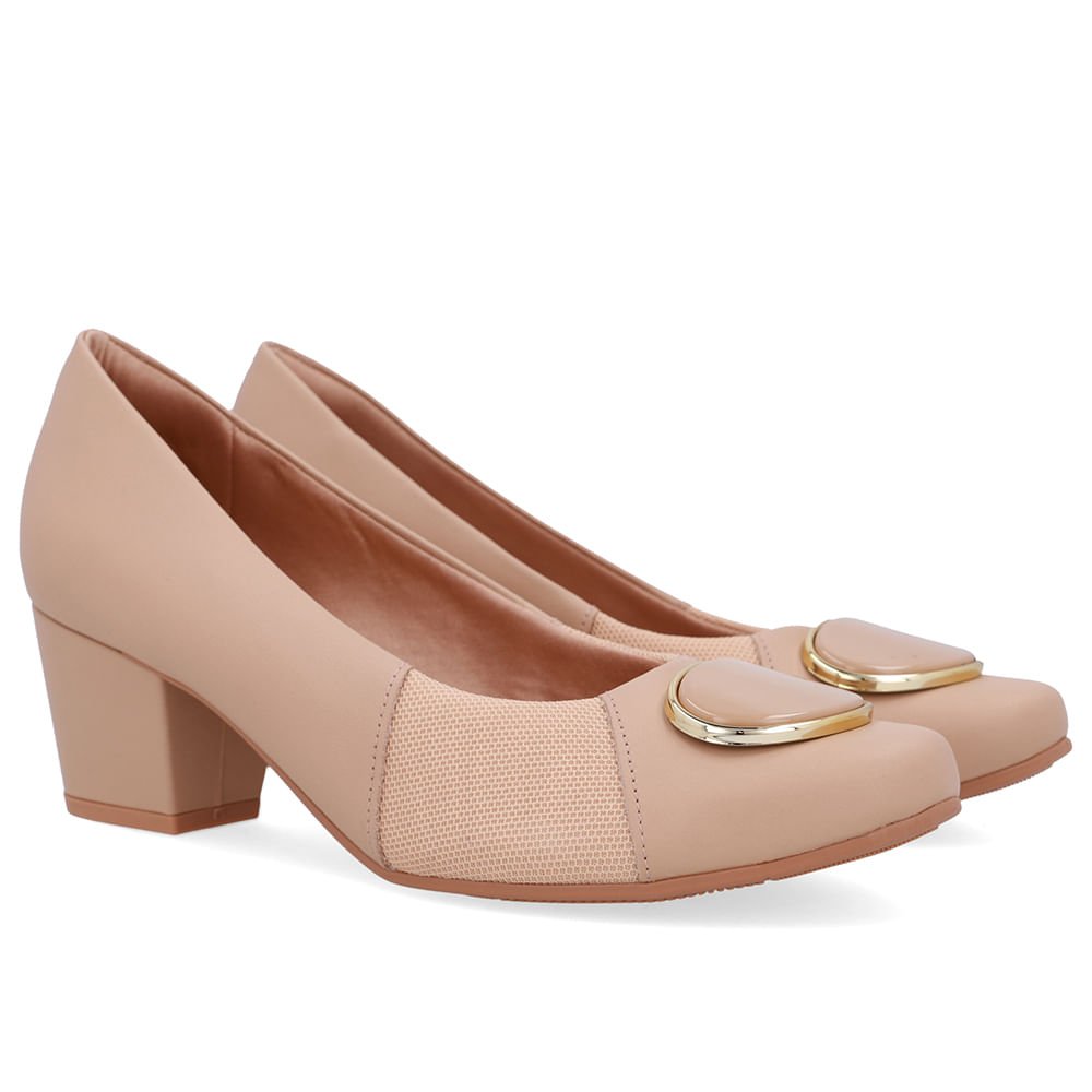 Scarpin Couro Bege Lateral Tecido Bege 2