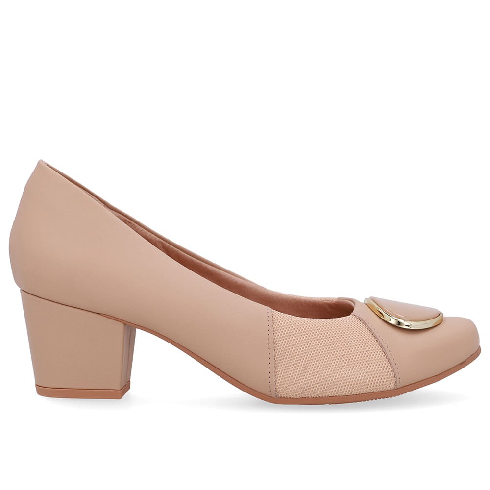 Scarpin Couro Bege Lateral Tecido