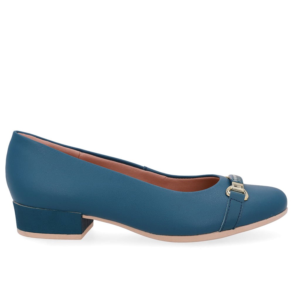 Scarpin Couro Liso Azul Salto Bloco