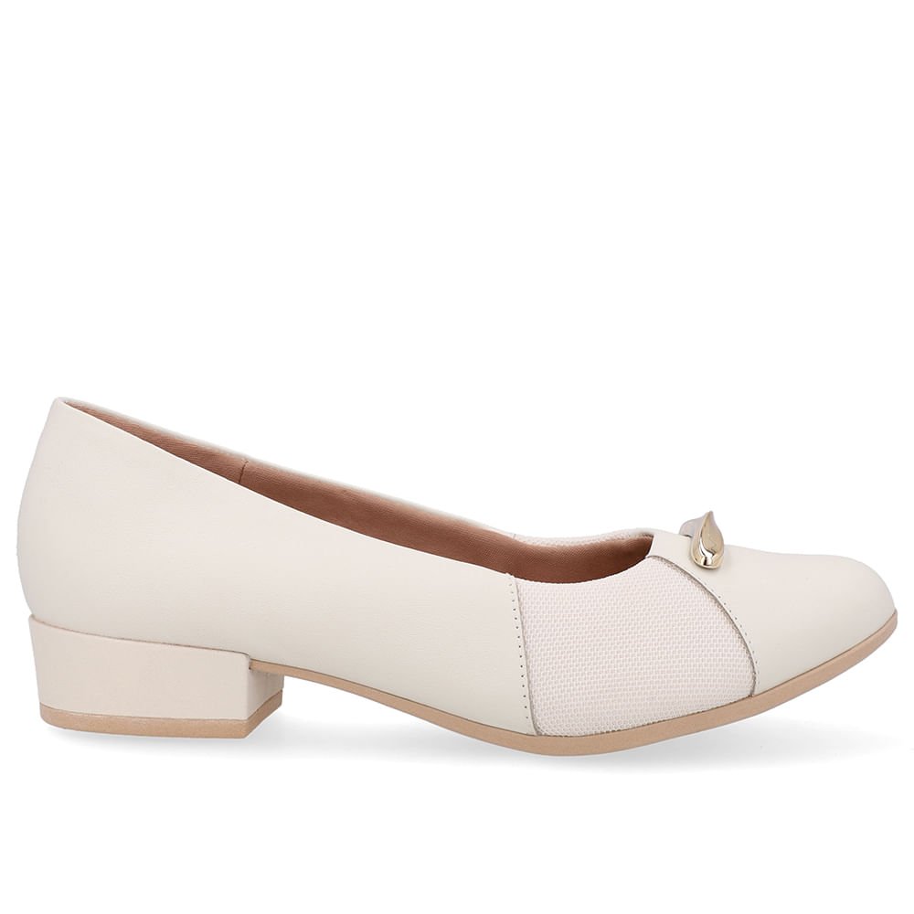 Scarpin Couro Branco Marfim Lateral Tecido Marfim 1