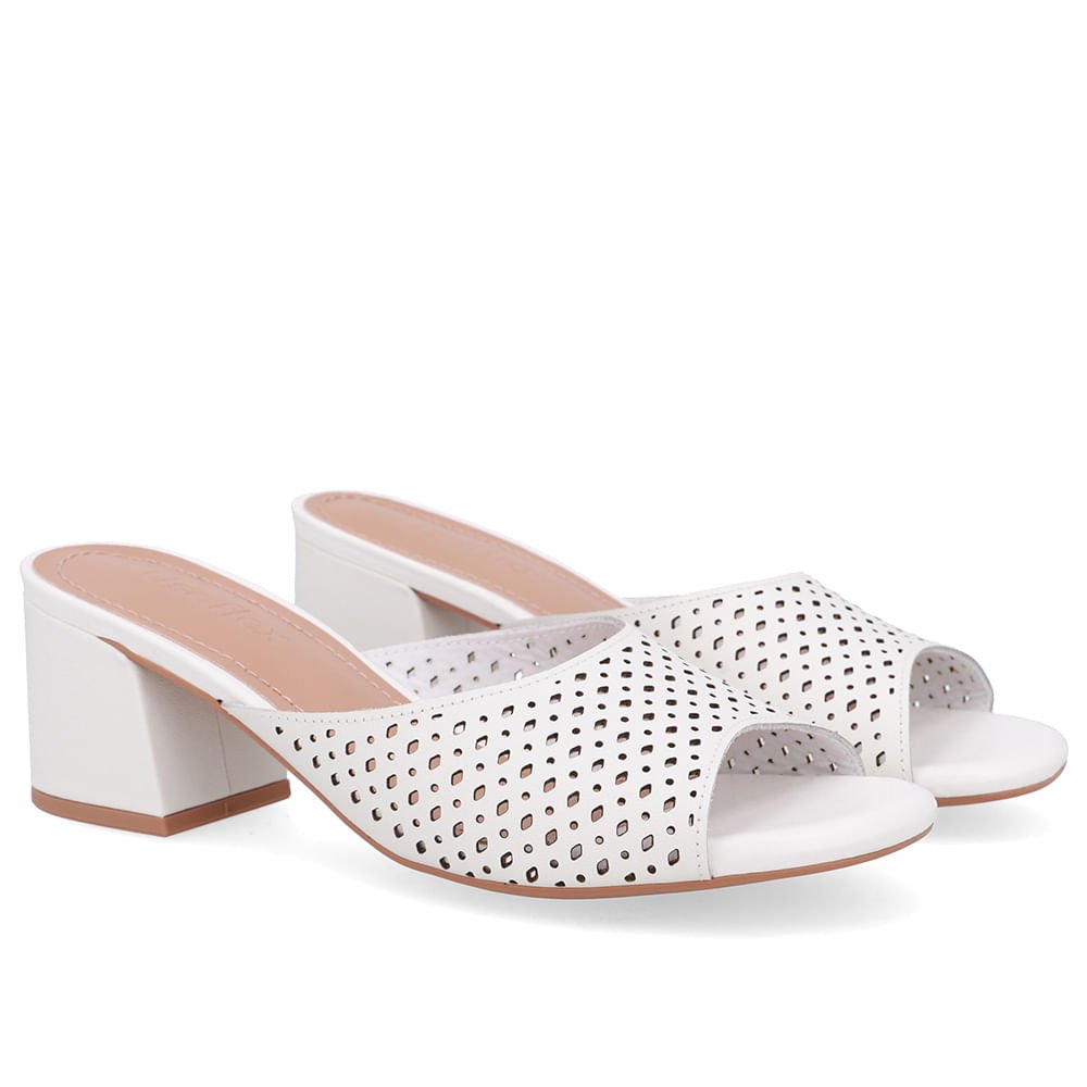 Tamanco Salto Bloco Couro Preto Laser Branco 2