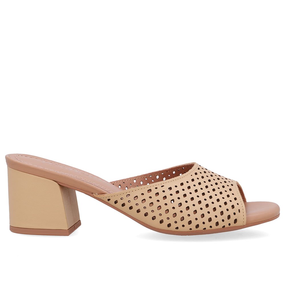 Tamanco Salto Bloco Couro Bege Creme Laser