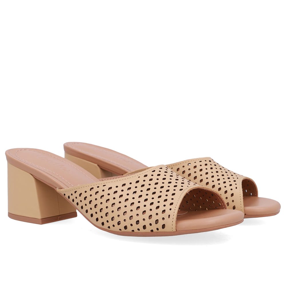 Tamanco Salto Bloco Couro Bege Creme Laser Bege 2