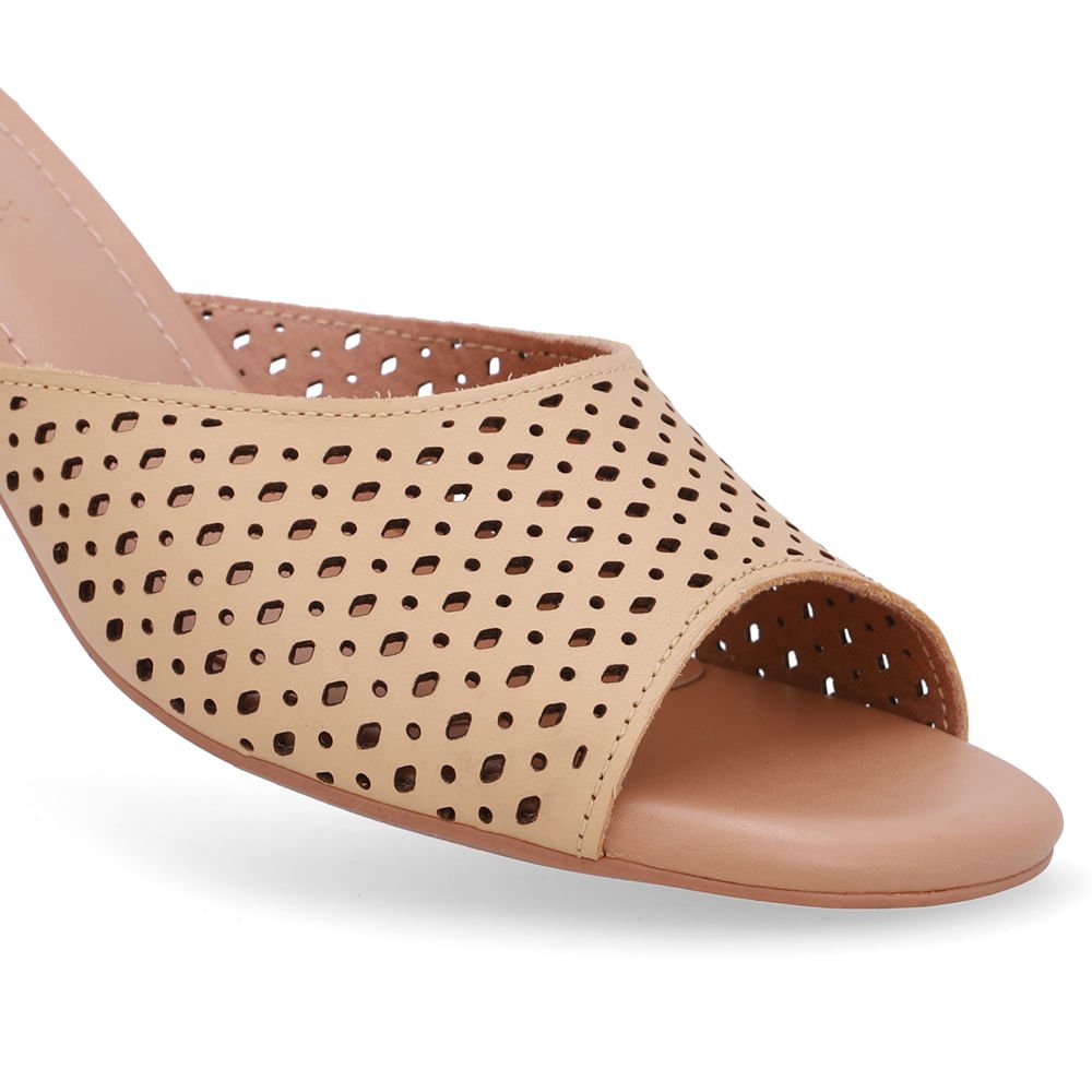 Tamanco Salto Bloco Couro Bege Creme Laser Bege 4