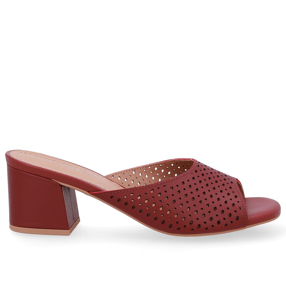 Tamanco Salto Bloco Couro Vermelho Laser