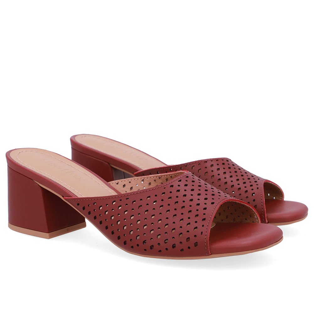 Tamanco Salto Bloco Couro Vermelho Laser Bordô 2