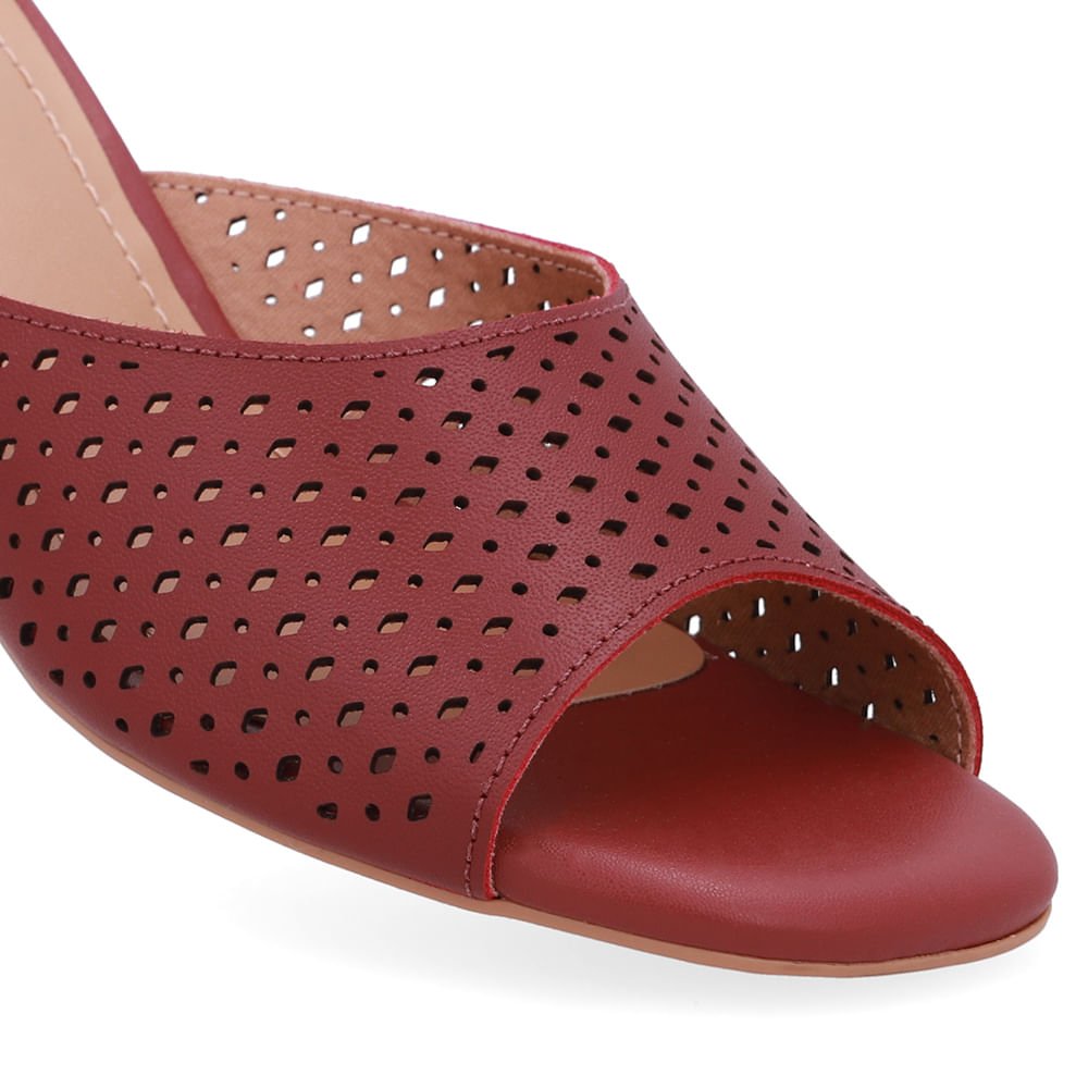 Tamanco Salto Bloco Couro Vermelho Laser Bordô 4