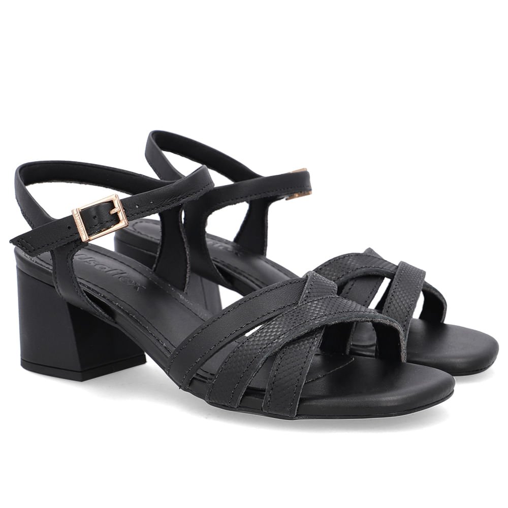 Sandália Couro Bico Quadrado Tiras Preta Preto 2