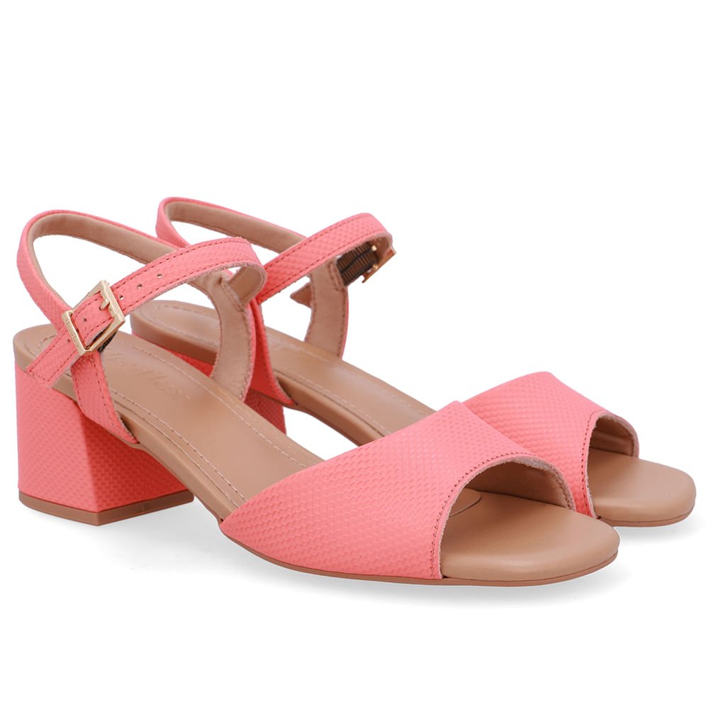 Sandália Couro Salto Médio Tira Laranja Rosa 2