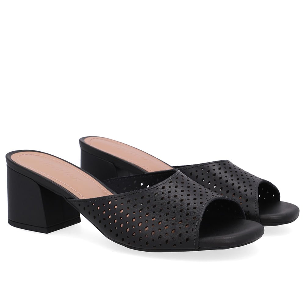 Tamanco Salto Bloco Couro Preto Laser Preto 2