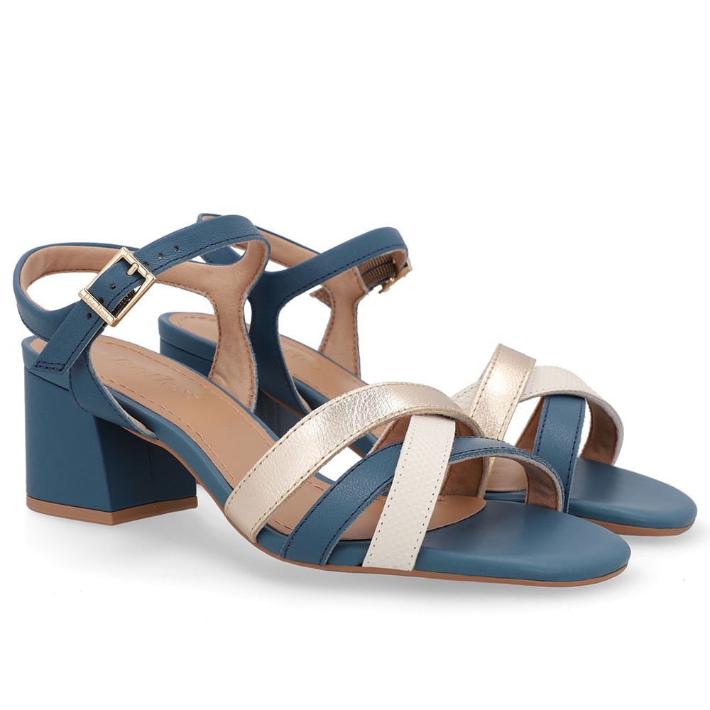 Sandália Couro Bico Quadrado Tiras Azul Azul 2