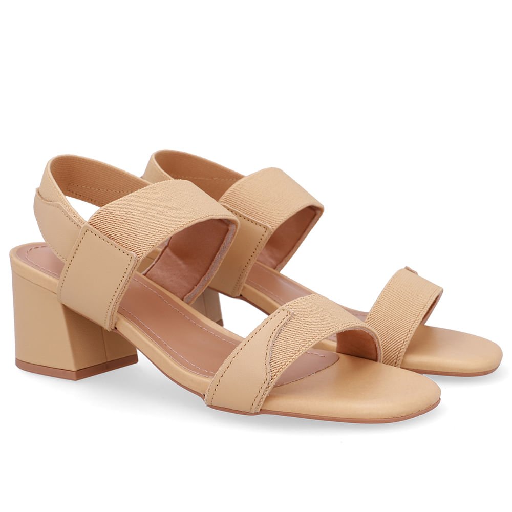 Sandália Couro Bico Quadrado Tira Elástico Bege Bege 2