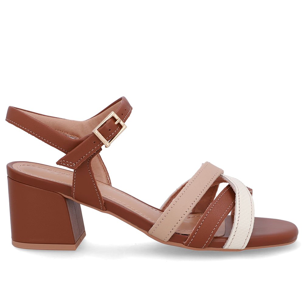 Sandália Couro Bico Quadrado Tiras Marrom