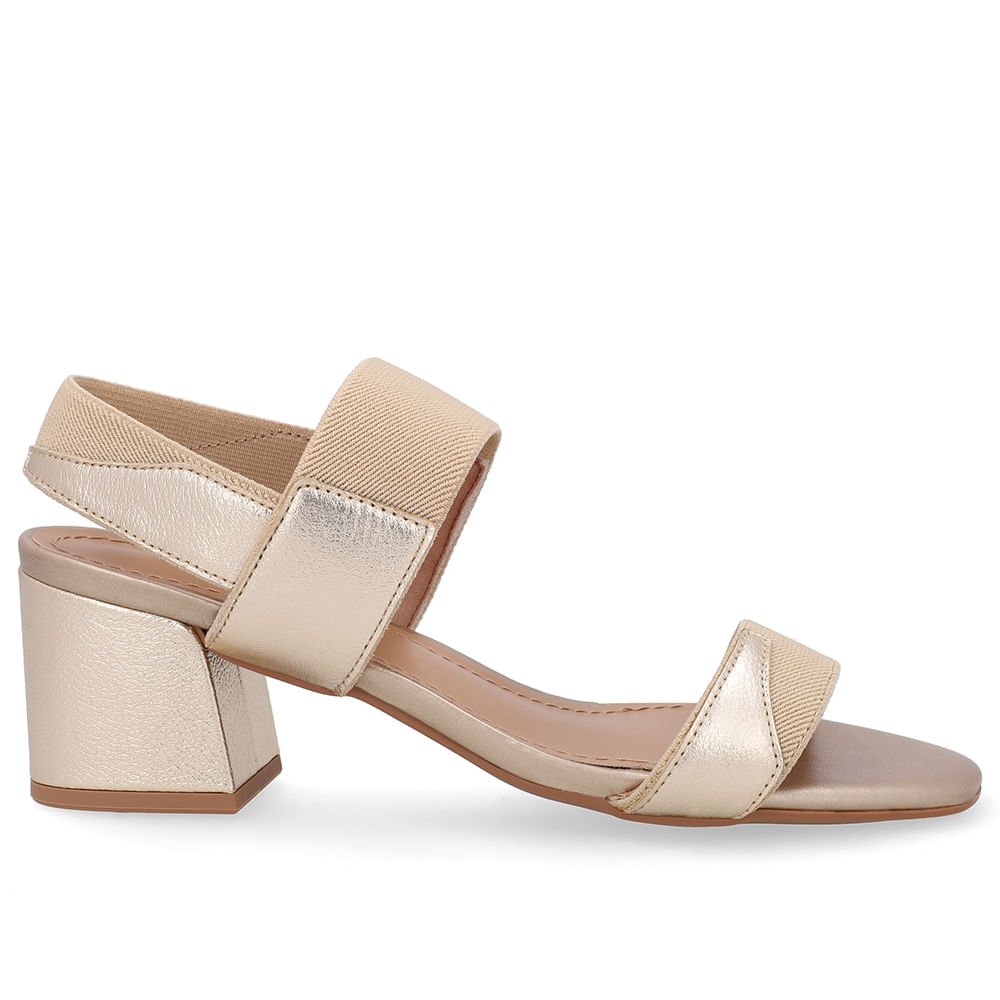 Sandália Couro Bico Quadrado Tira Elástico Dourada