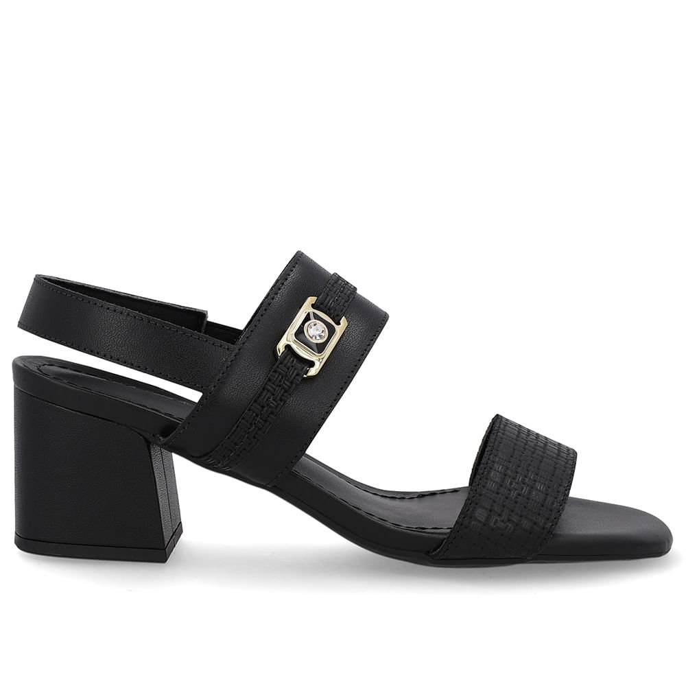 Sandália Couro Salto Bloco Preta Tira Enfeite