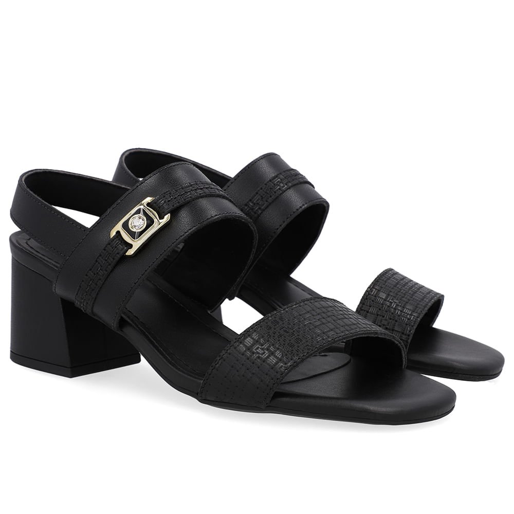 Sandália Couro Salto Bloco Preta Tira Enfeite Preto 2