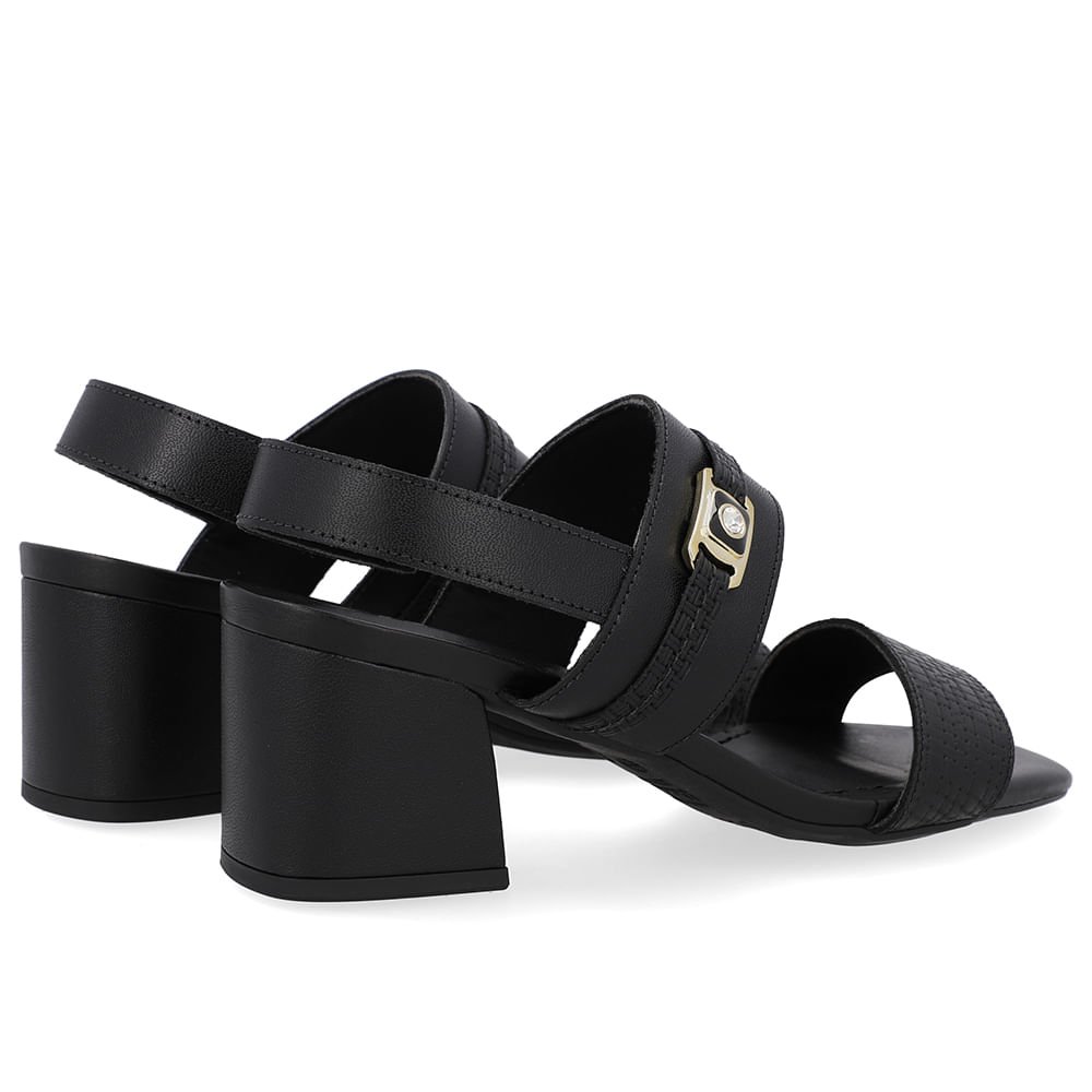 Sandália Couro Salto Bloco Preta Tira Enfeite Preto 3