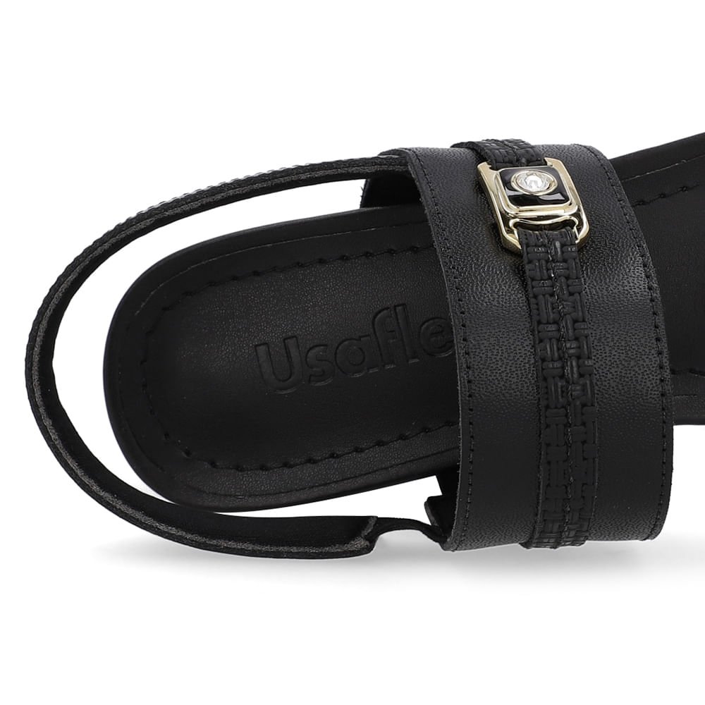 Sandália Couro Salto Bloco Preta Tira Enfeite Preto 4