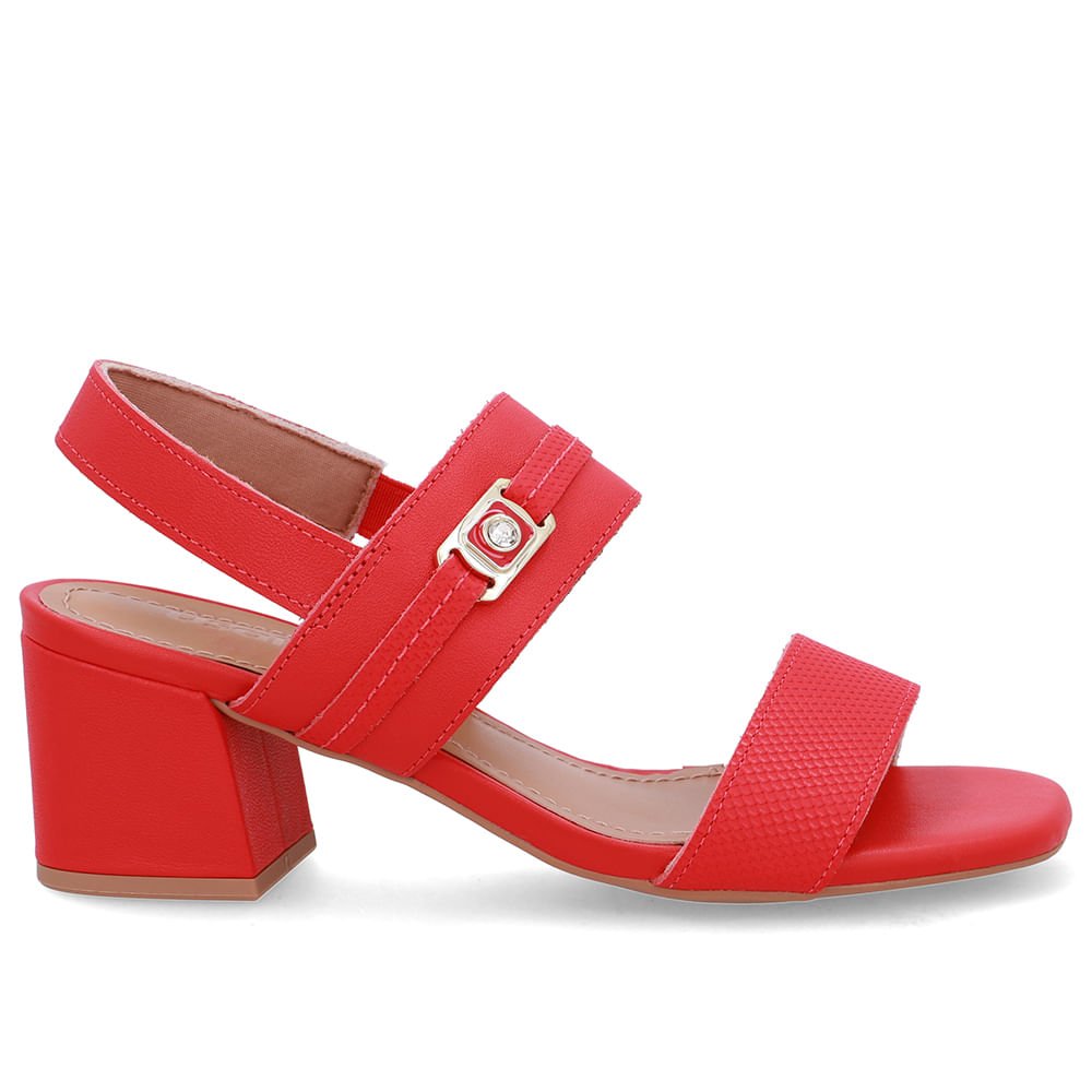 Sandália Couro Salto Bloco Vermelha Tira Enfeite