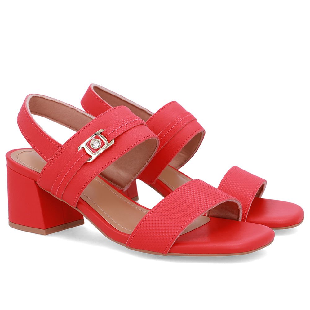 Sandália Couro Salto Bloco Vermelha Tira Enfeite Vermelho 2