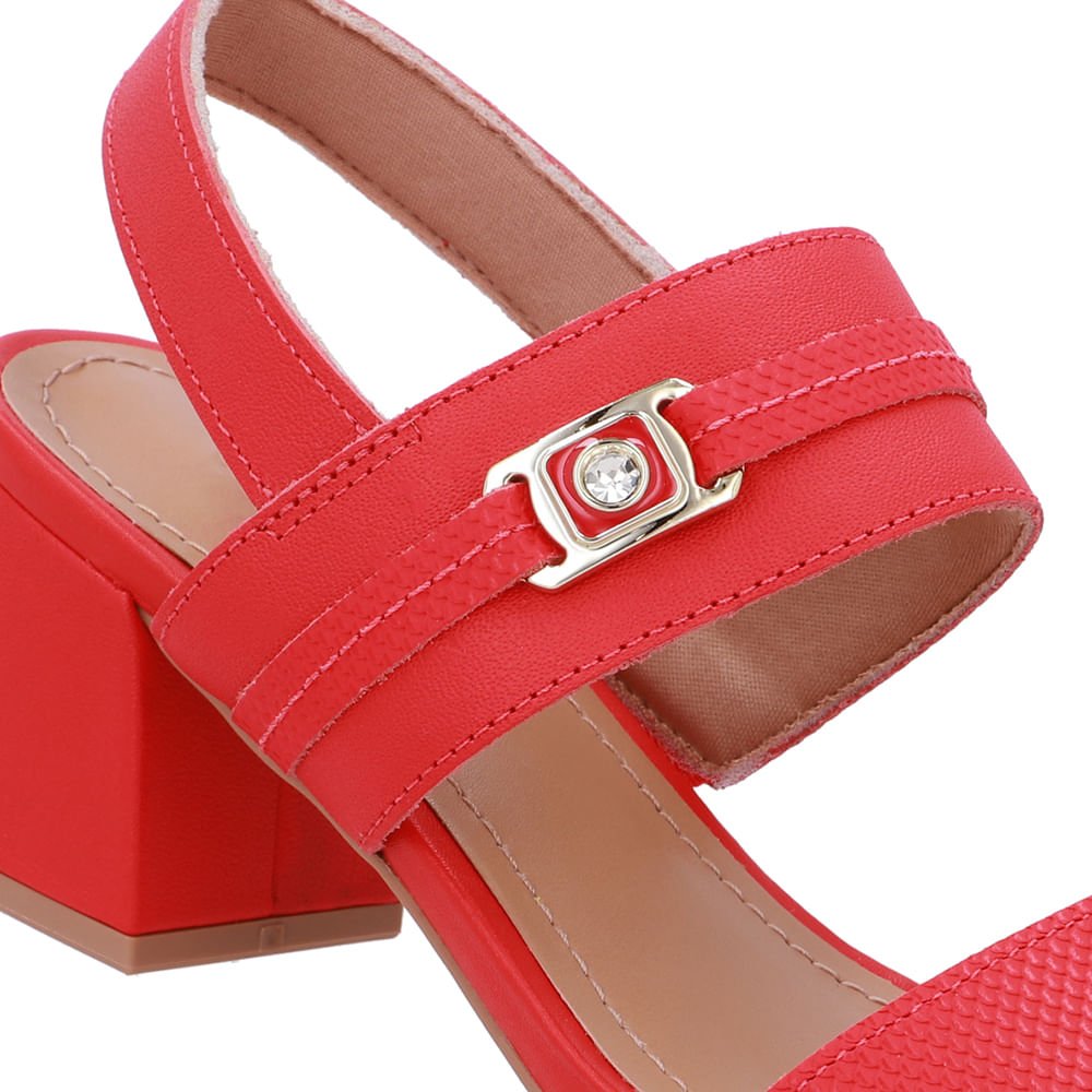 Sandália Couro Salto Bloco Vermelha Tira Enfeite Vermelho 4
