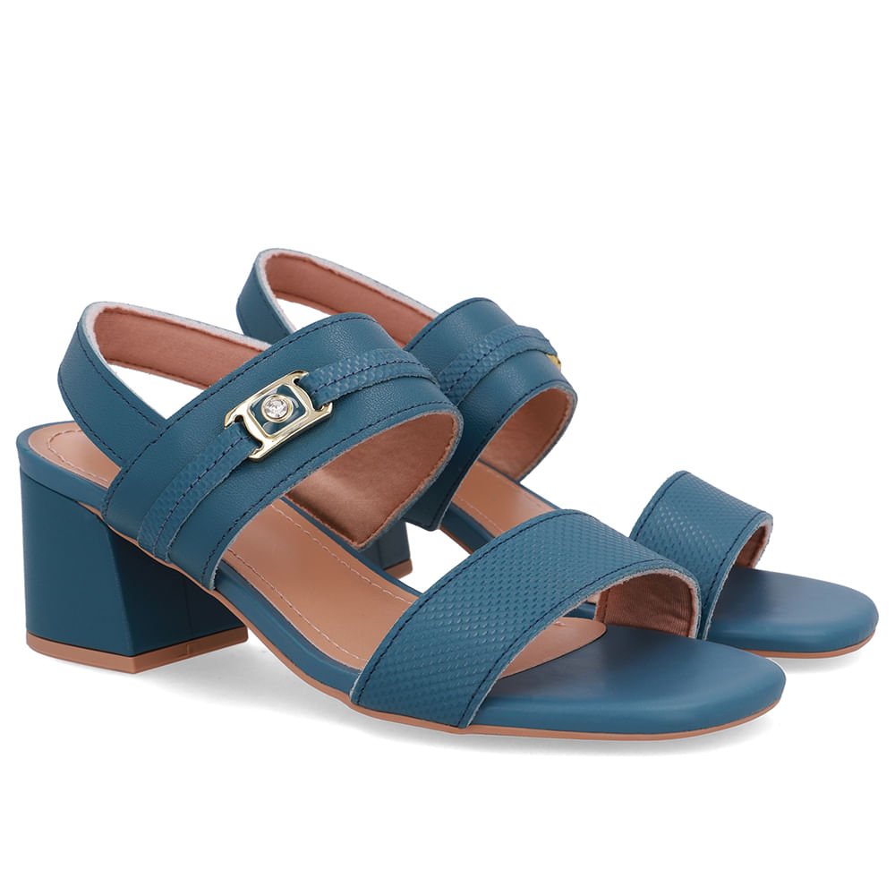 Sandália Couro Salto Bloco Azul Tira Enfeite Azul 2