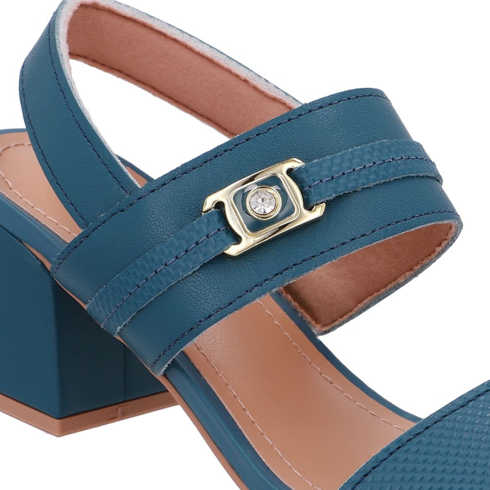 Sandália Couro Salto Bloco Azul Tira Enfeite Azul 4