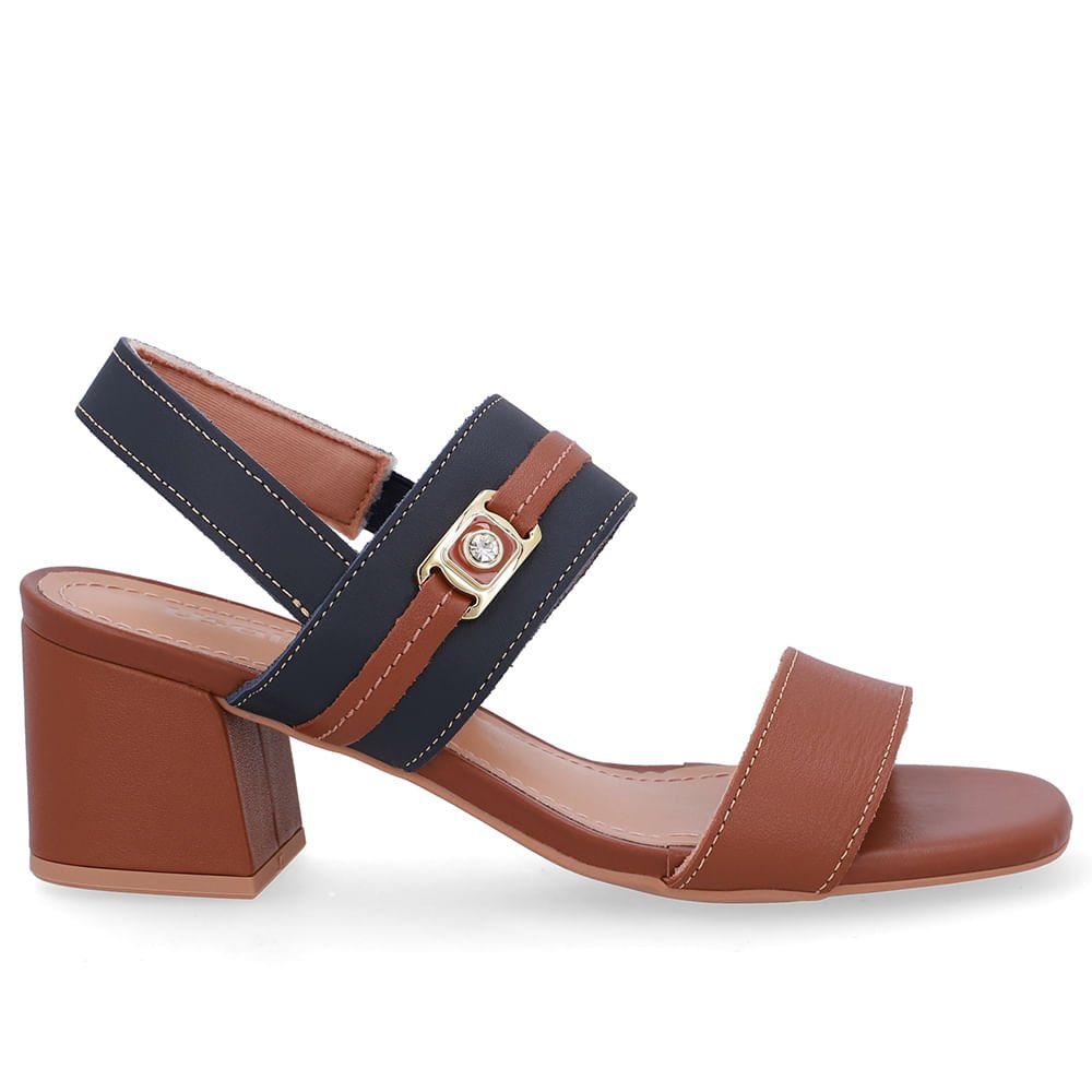 Sandália Couro Salto Bloco Marrom Tira Enfeite