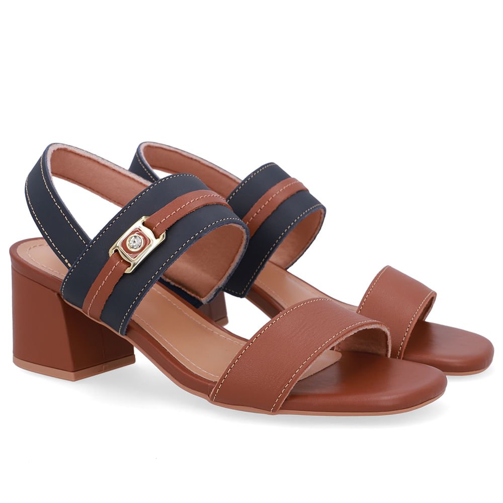 Sandália Couro Salto Bloco Marrom Tira Enfeite Marrom 2