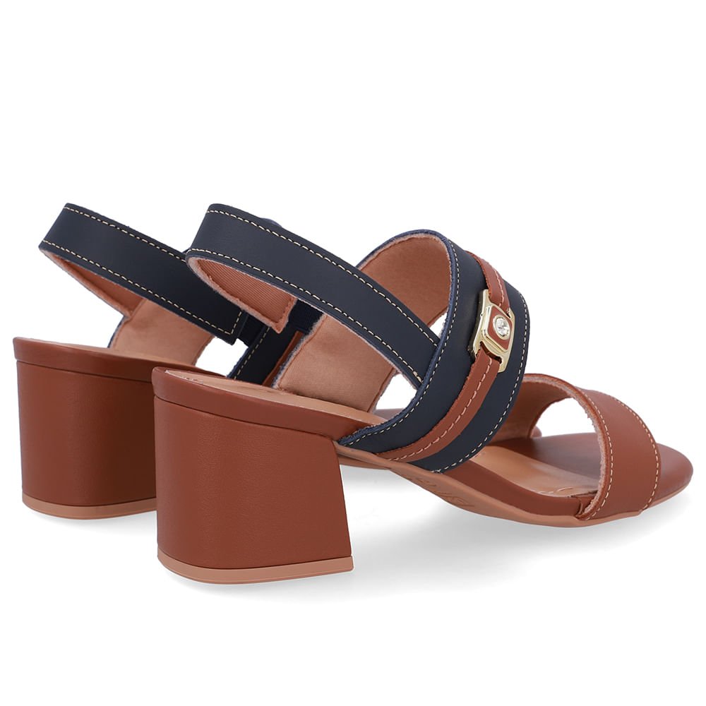 Sandália Couro Salto Bloco Marrom Tira Enfeite Marrom 3