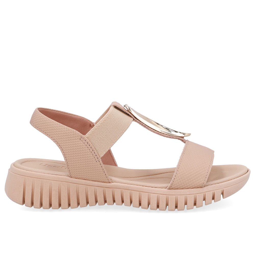 Sandália Enfeite Dourado Couro Bege