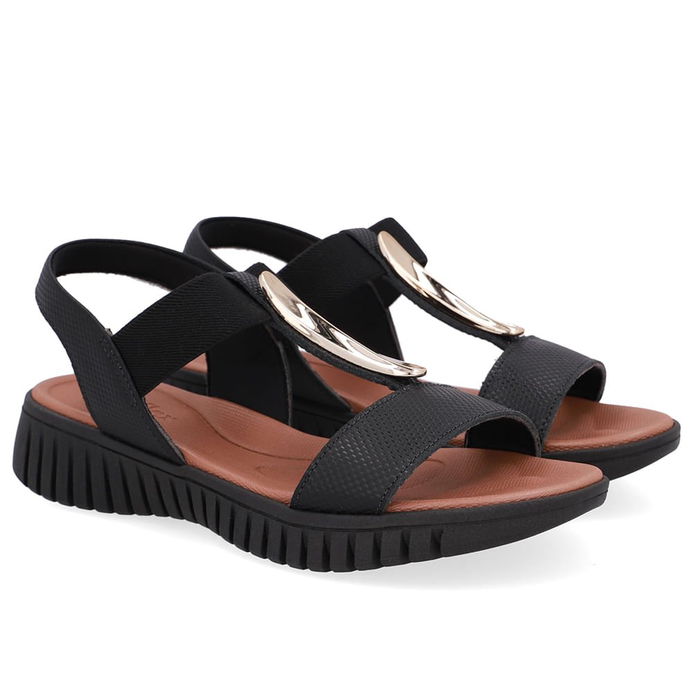 Sandália Enfeite Dourado Couro Preta Dourado/Preto 2