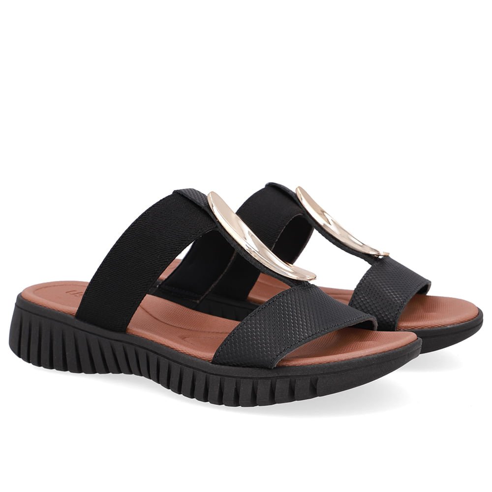 Tamanco Salto Baixo Couro Preto Enfeite Dourado Preto/Dourado 2