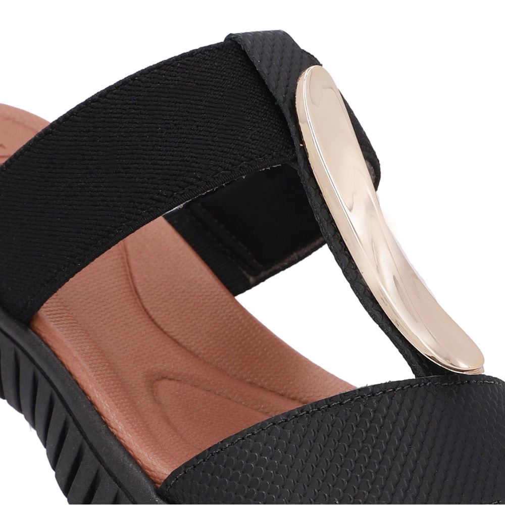 Tamanco Salto Baixo Couro Preto Enfeite Dourado Preto/Dourado 4