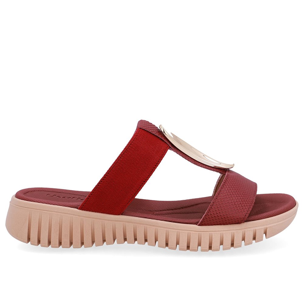 Tamanco Salto Baixo Couro Vermelho Enfeite Dourado