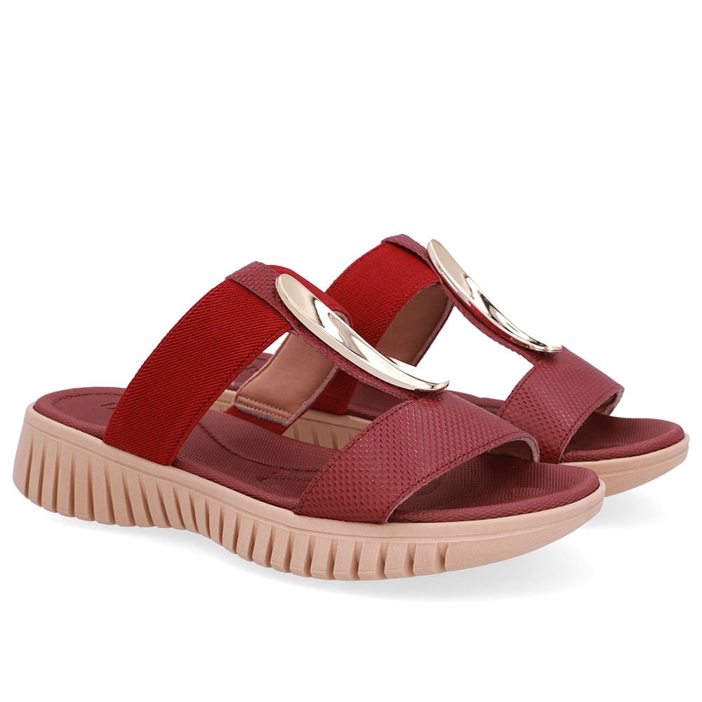 Tamanco Salto Baixo Couro Vermelho Enfeite Dourado Vermelho/Dourado 2