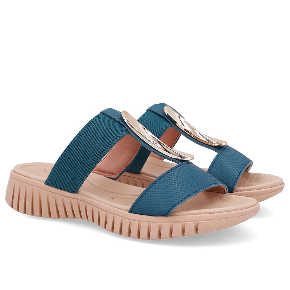 Tamanco Salto Baixo Couro Azul Enfeite Dourado Azul/Dourado 2