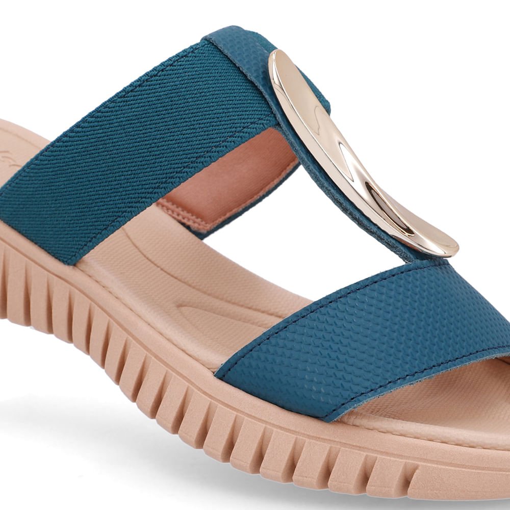 Tamanco Salto Baixo Couro Azul Enfeite Dourado Azul/Dourado 4